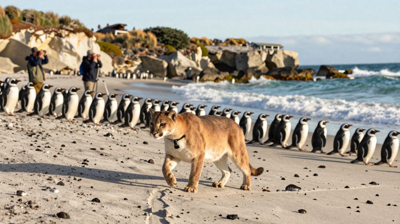 Pazifischer Puma läuft am Strand entlang einer Reihe von Pinguinen, im Hintergrund Felsen und Meer.