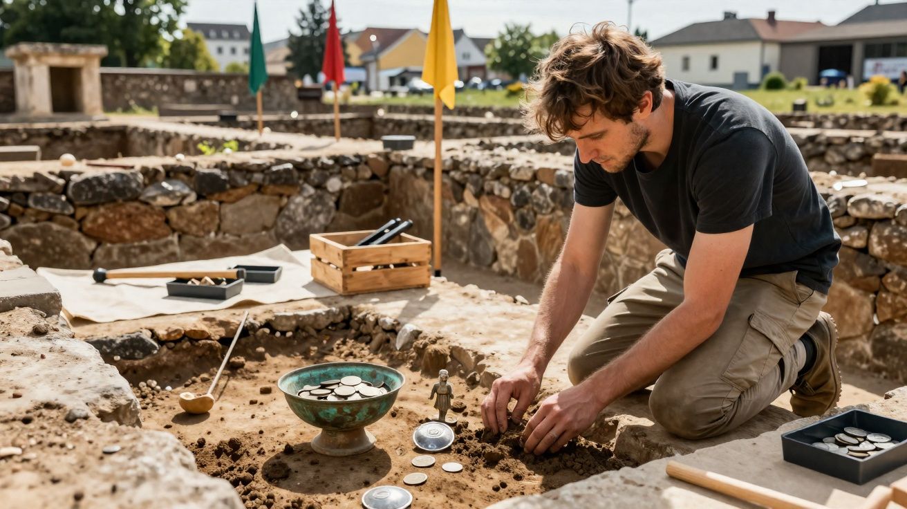 Ein Archäologe gräbt bei Ausgrabungen im Freien nach Münzen und Artefakten in einem Steinrahmen.