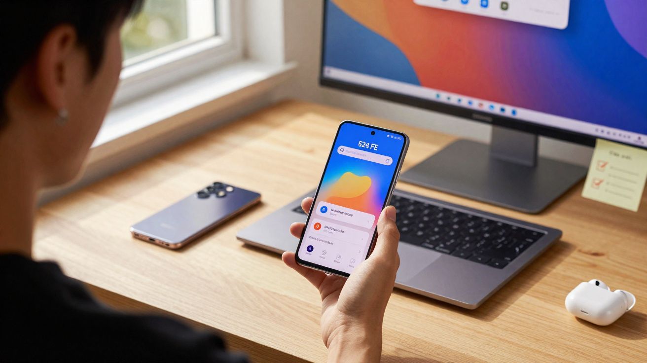 Person hält Smartphone mit offener App vor Laptop auf hellem Holztisch neben kabellosen Kopfhörern.