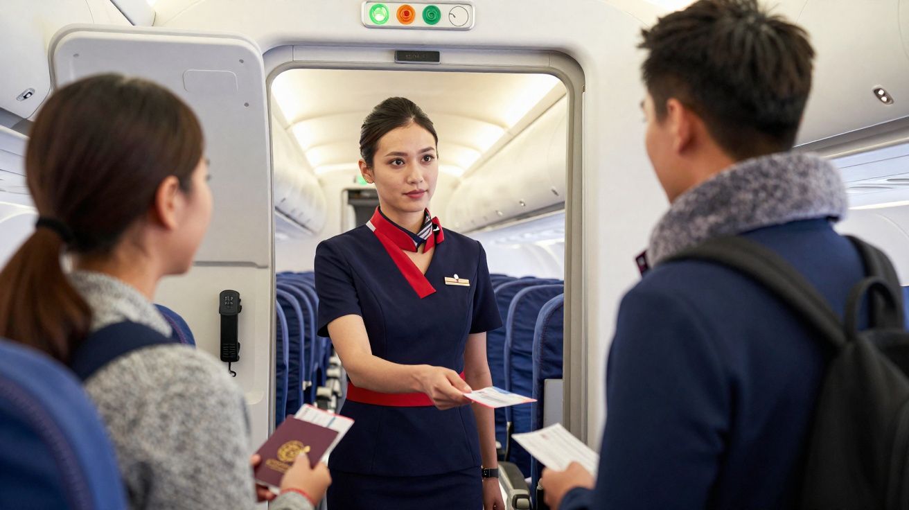Flugbegleiterin kontrolliert am Flugzeuggang die Bordkarten von zwei Passagieren.
