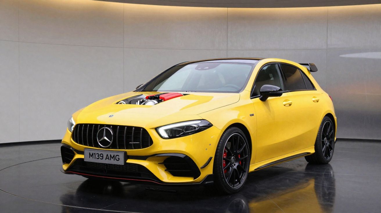 Gelber Mercedes-AMG Kompaktwagen mit sichtbarem Motorteil unter der geöffneten Motorhaube, moderne Ausstellungshalle.