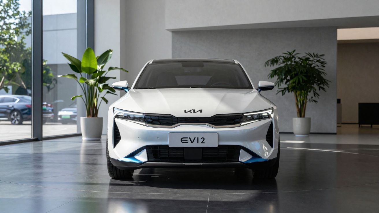 Weißer Kia EV12 Elektroauto-Frontansicht in modernem Showroom mit Pflanzen und Glasfront.