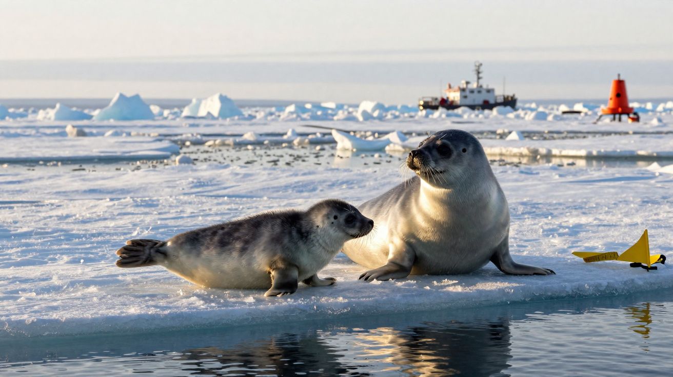 Zwei Robben auf einer Eisscholle im arktischen Meer, im Hintergrund Eisberge und ein Schiff.