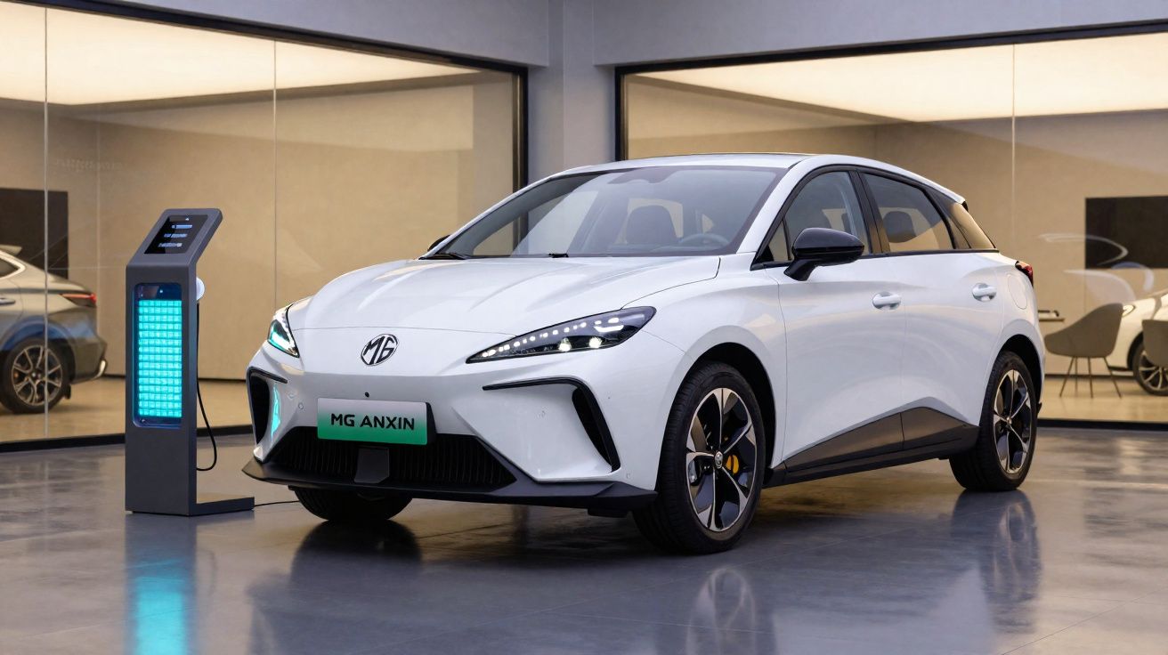 Weißes Elektroauto MG ANXIN beim Laden an einer Ladestation in einem modernen Showroom.