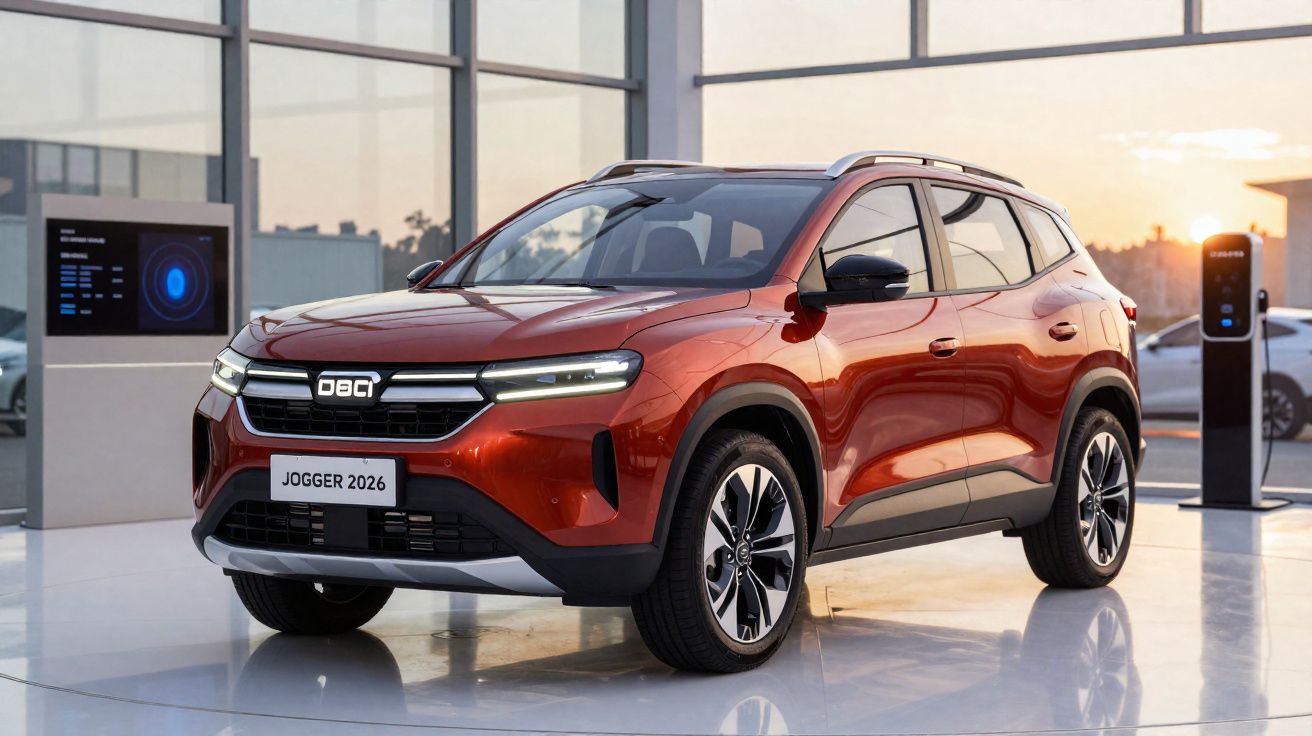 Roter Dacia Jogger 2026 SUV in modernem Showroom mit großen Fenstern und Sonnenuntergang im Hintergrund.