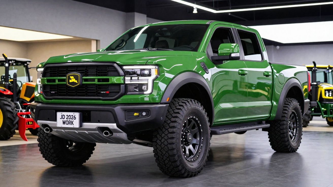 Grüner John Deere Pick-up Truck mit groben Reifen in einer Halle, umgeben von weiteren Maschinen.
