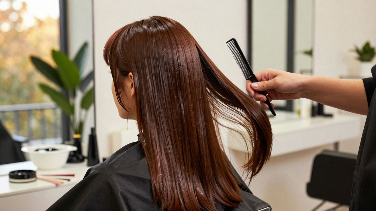 Frau mit langen, glatten braunen Haaren, die im Friseursalon mit Kamm gekämmt werden.