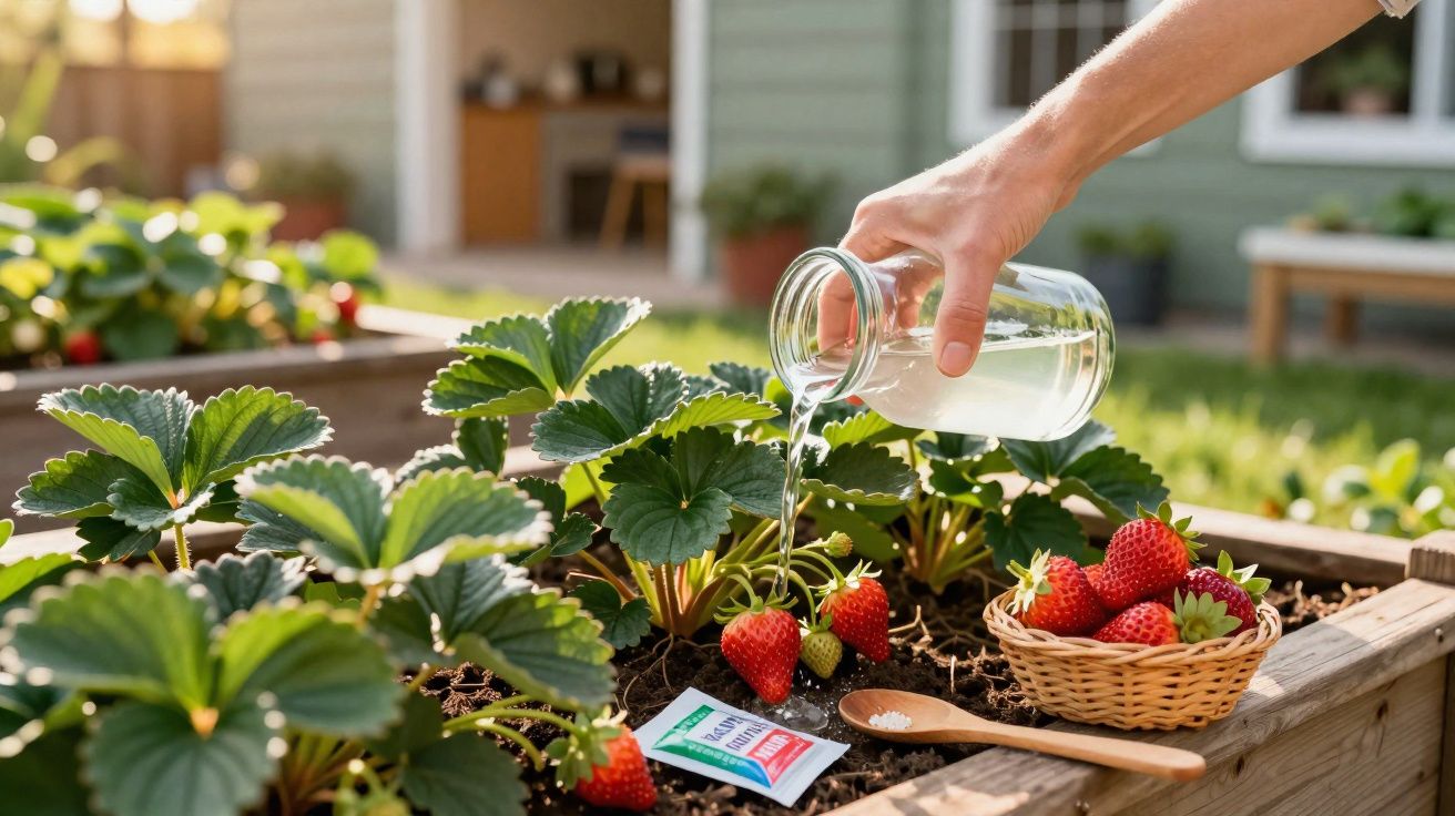 Hand gießt Wasser auf Erdbeerpflanzen in einem Hochbeet im Garten bei Sonnenlicht.