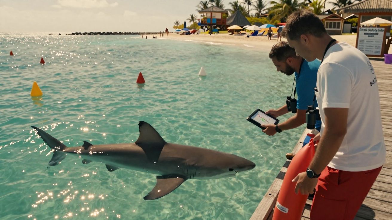 Zwei Männer beobachten von einem Steg aus einen nahen Hai in klarem, türkisfarbenem Wasser am Strand.