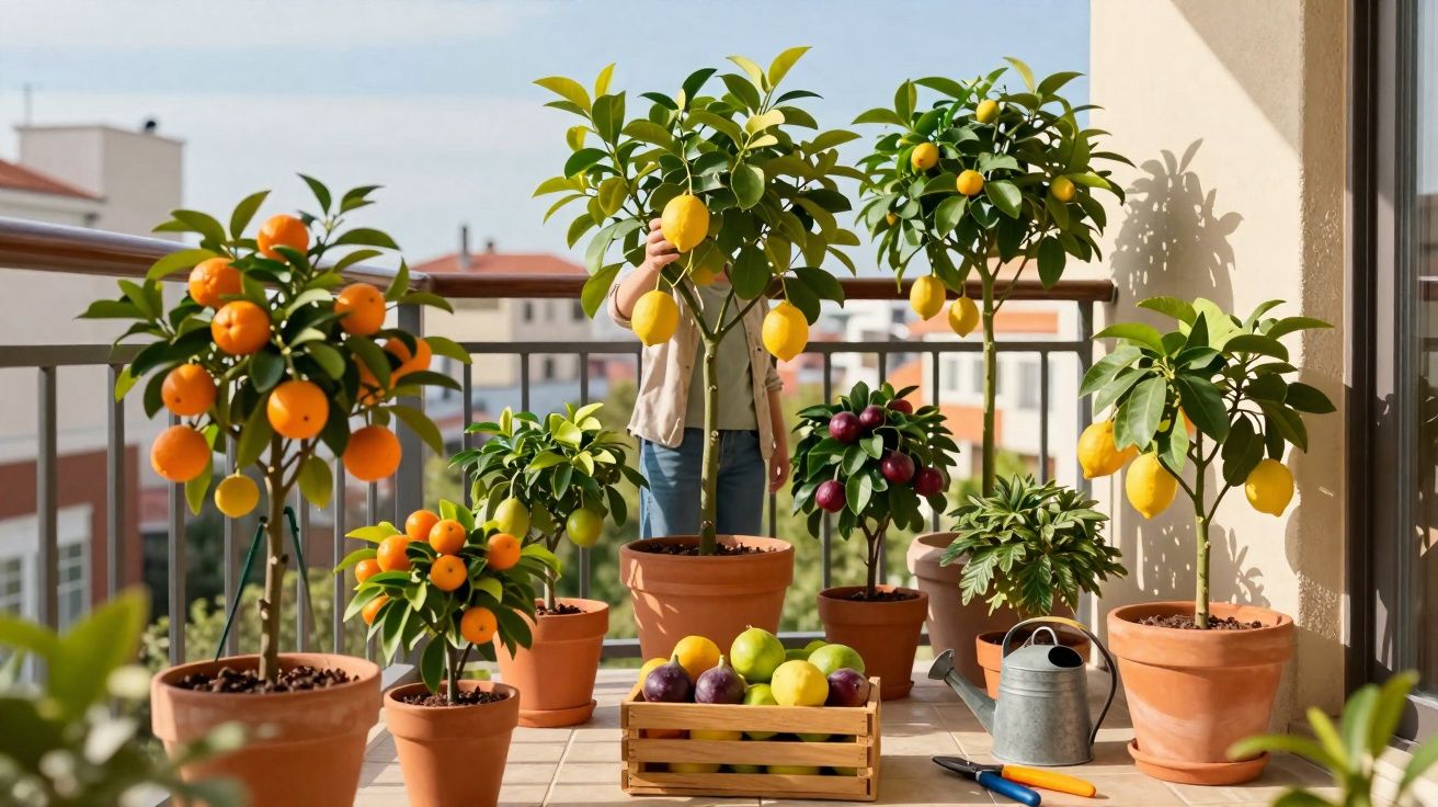 Mehrere Zitrusbäume in Töpfen auf einem Balkon, eine Person erntet Früchte, Obstkiste und Gießkanne sichtbar.