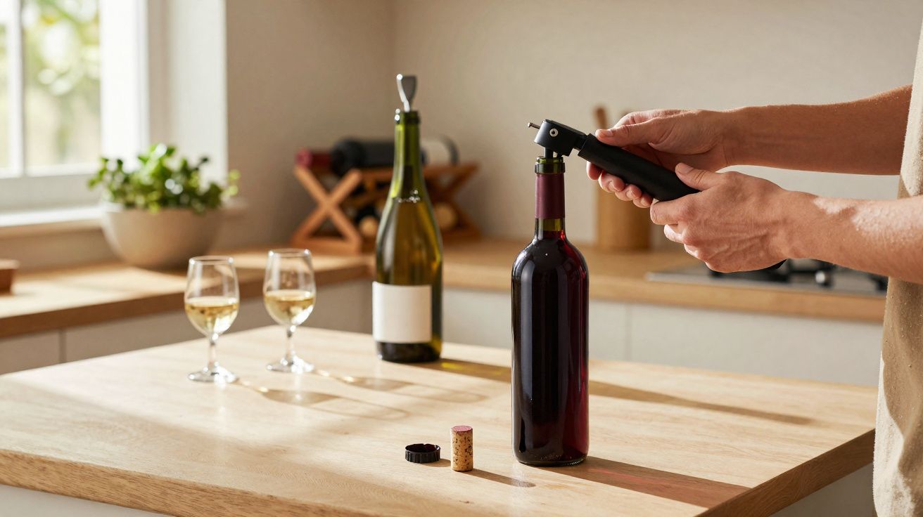 Person öffnet mit elektrischem Korkenzieher eine Flasche Rotwein auf Küchenarbeitsplatte mit zwei Weingläsern.