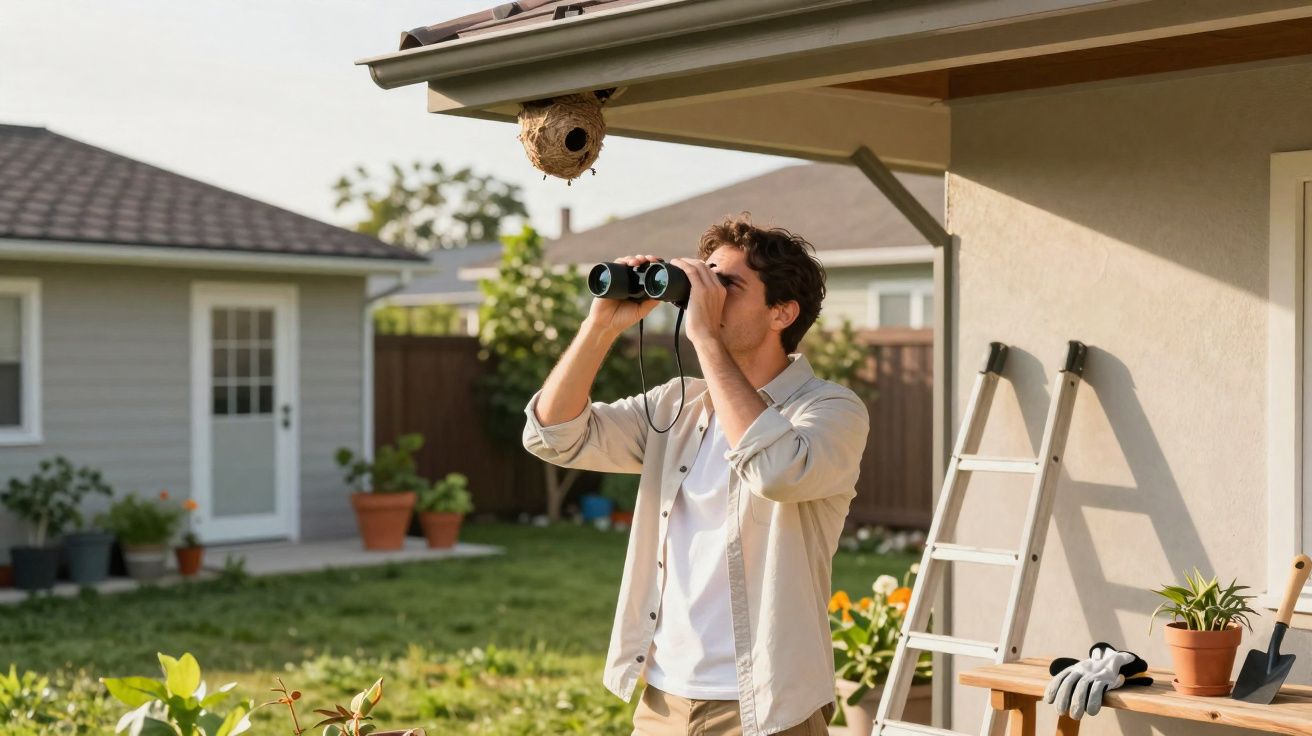 Mann beobachtet mit Fernglas ein Vogelnest unter dem Dach eines Hauses im Garten.