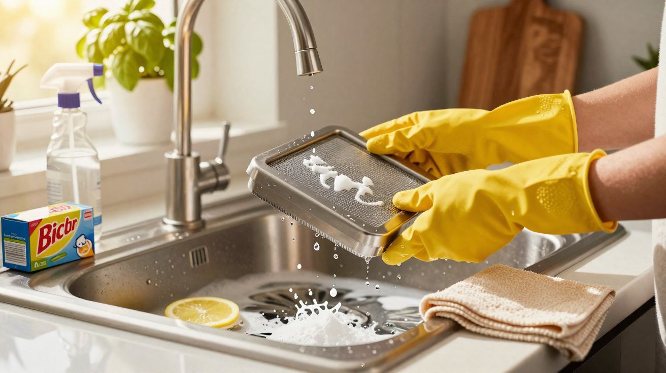 Person mit gelben Handschuhen reinigt Metallfilter über Küchenspüle mit Reinigungsmittel und Zitronenscheibe.
