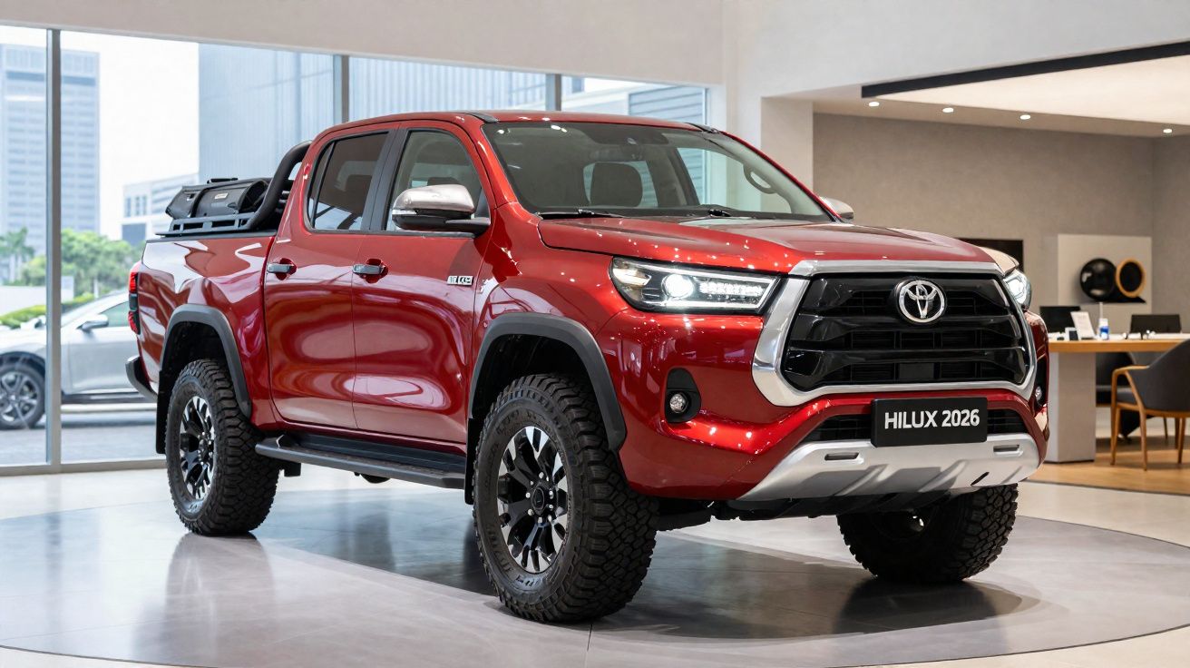 Roter Toyota Hilux 2026 Pickup mit großen Reifen in modernem Autohaus beleuchtet.