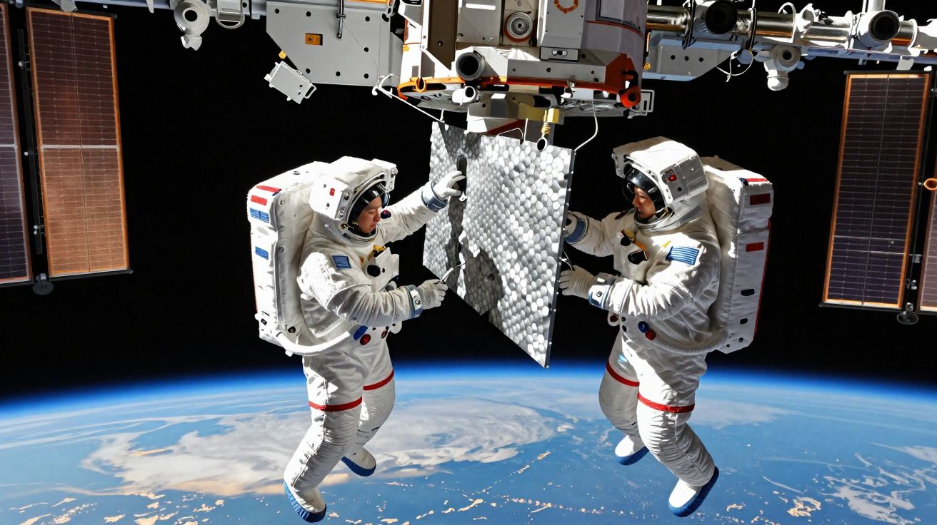Zwei Astronauten in Raumanzügen arbeiten an einem Paneel außerhalb einer Raumstation über der Erde.