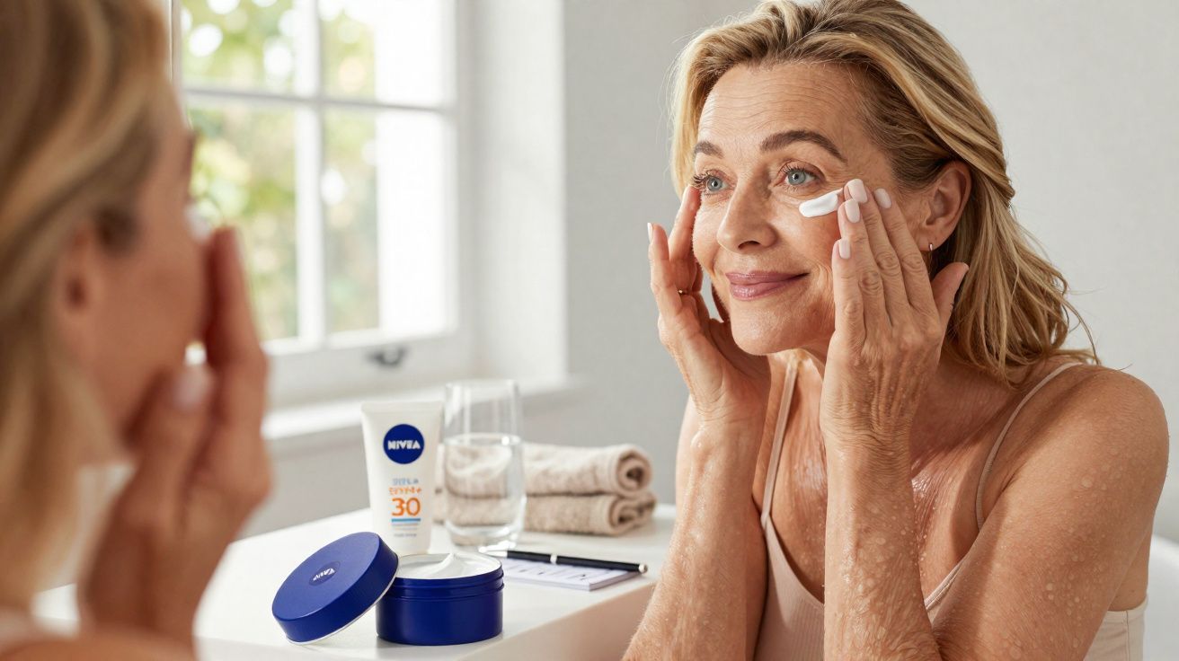Ältere Frau trägt Gesichtscreme auf ihre Wangen auf, Nivea-Produkte stehen auf dem Tisch vor einem Spiegel.