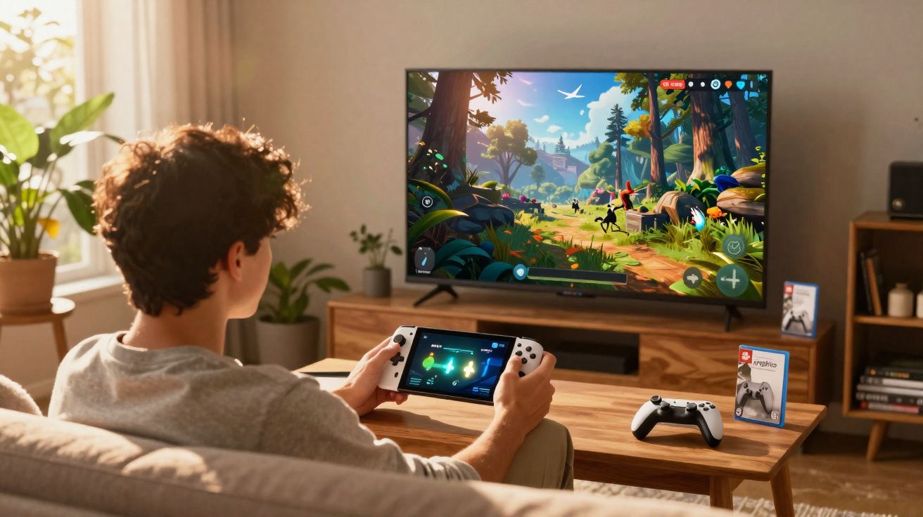 Mann sitzt auf Sofa und spielt Videospiel mit Handheld-Konsole vor großem Fernseher im Wohnzimmer.