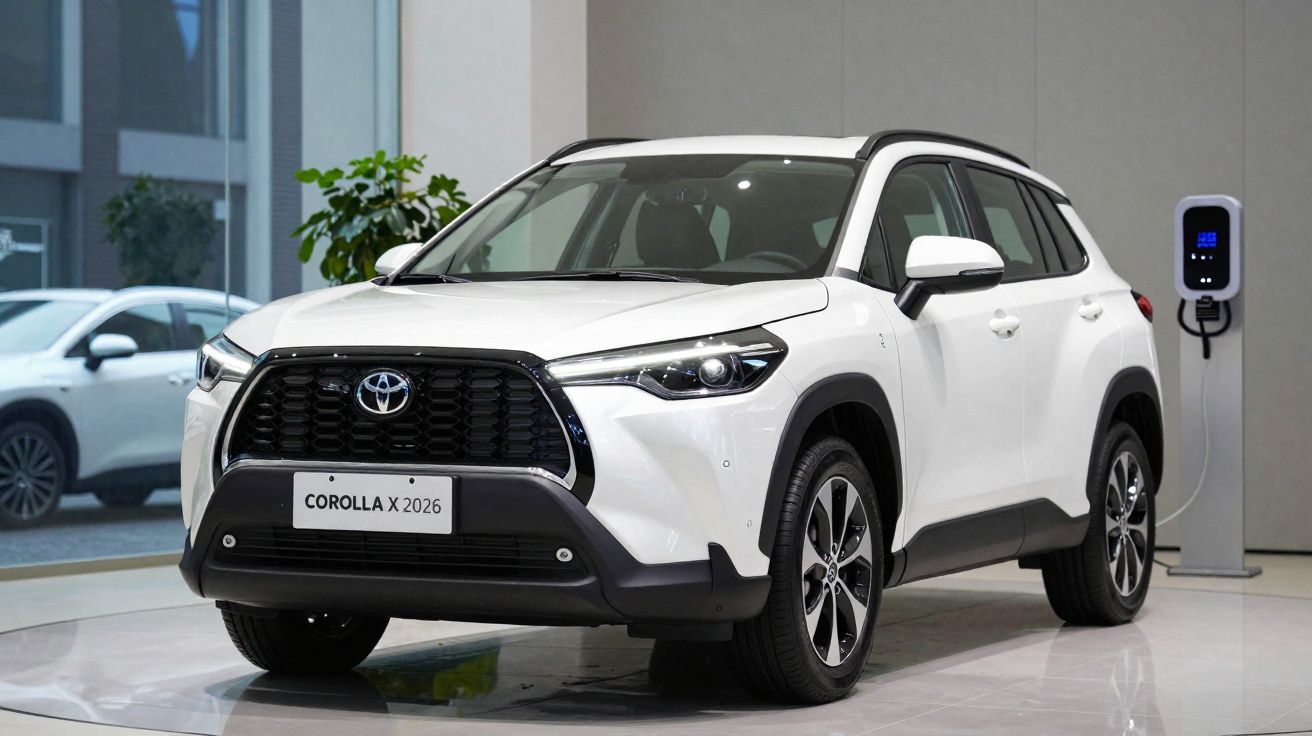 Weißer Toyota Corolla X 2026 SUV an Ladestation in modernem Innenraum gezeigt.