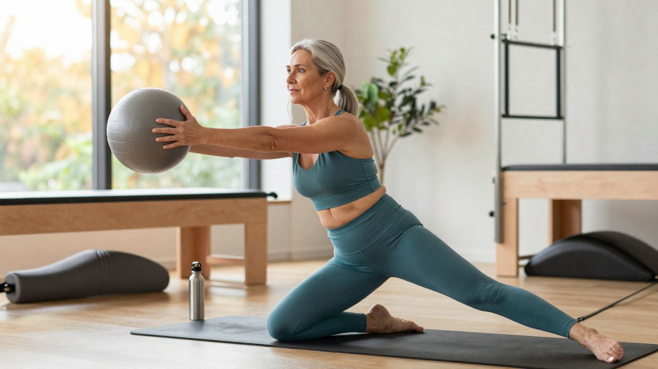 Ältere Frau macht Pilates-Übung mit Gymnastikball auf Matte in hellem Fitnessraum.