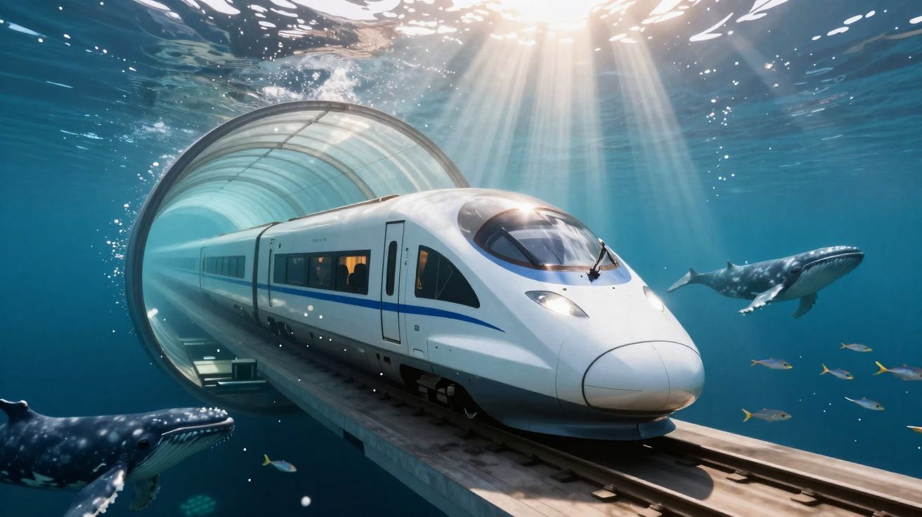 Moderner Hochgeschwindigkeitszug fährt durch einen Unterwasser-Tunnel mit Walen und Fischen.