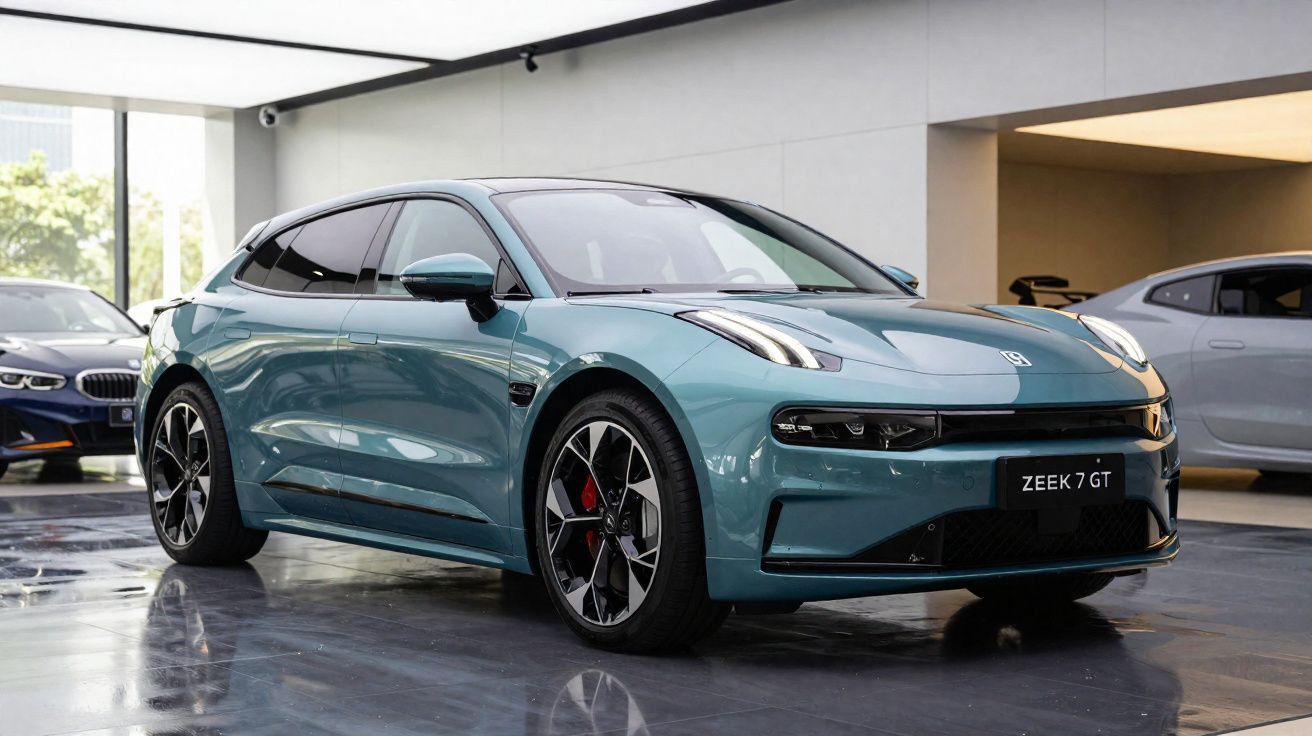 Blauer Zeek 7 GT Elektrowagen in modernem Autohaus mit Glasfront und zwei weiteren Fahrzeugen im Hintergrund.