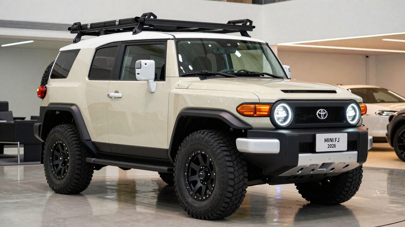Beiger Toyota Mini FJ 2026 Geländewagen mit schwarzem Dachträger und Offroad-Reifen in Innenraum gezeigt.