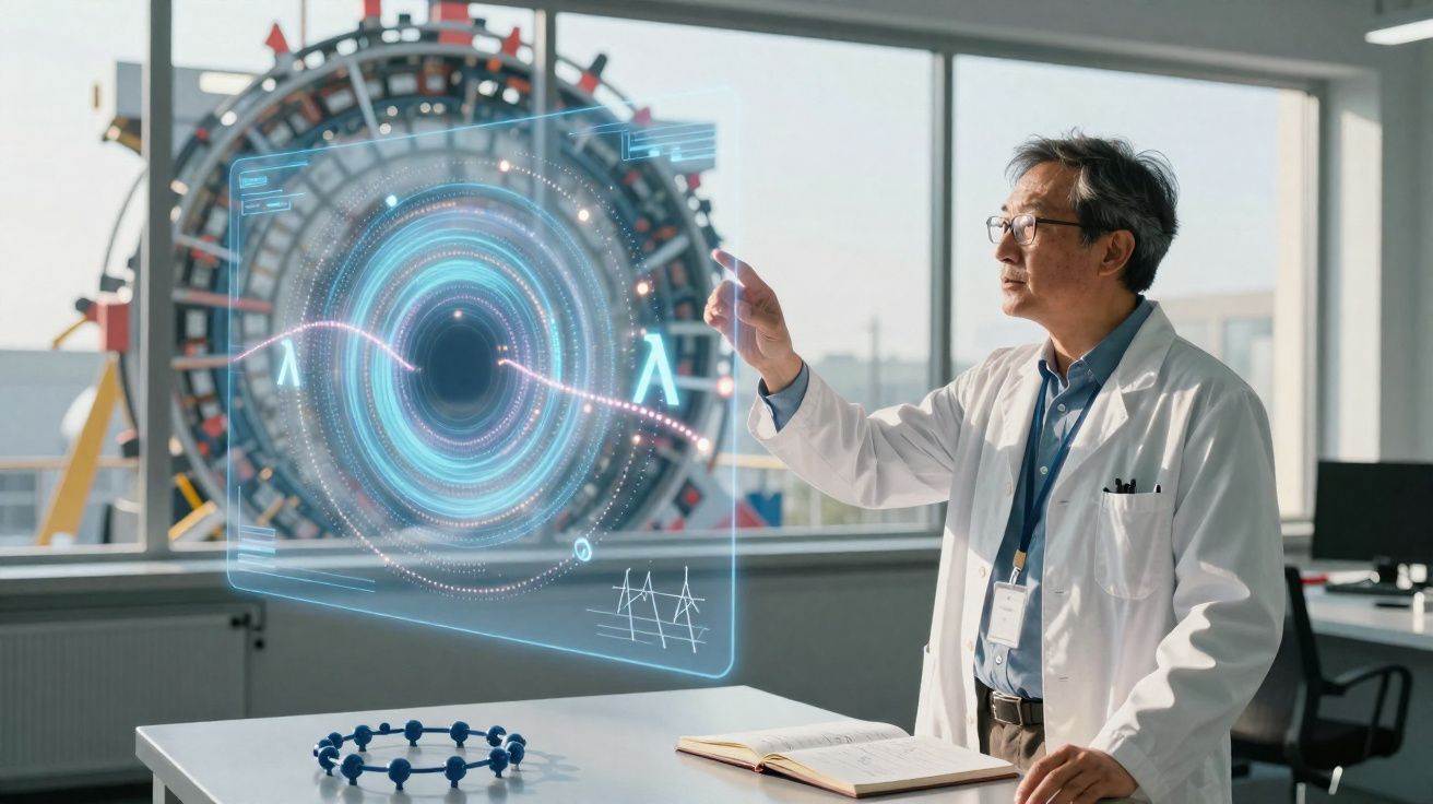 Wissenschaftler in weißem Kittel interagiert mit holografischem Display vor großem technologischem Gerät im Labor.