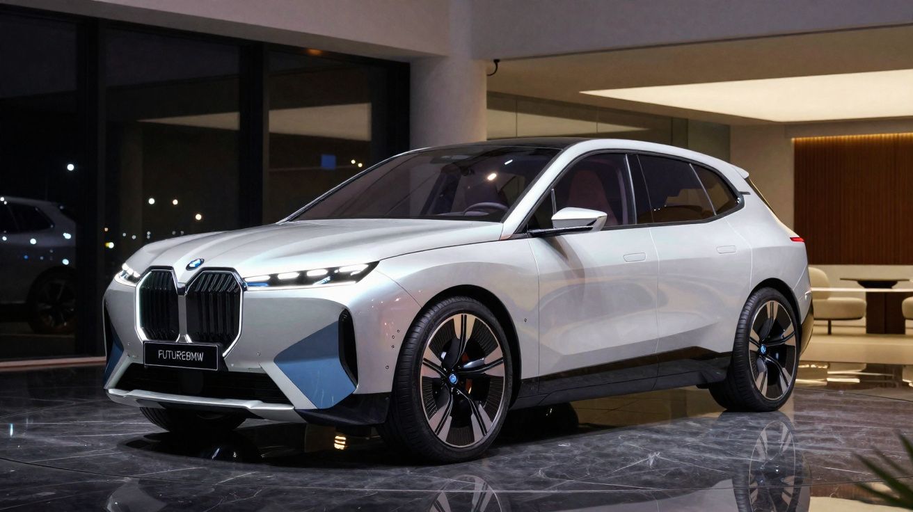 Weißer BMW Elektro-SUV mit futuristischem Design und markantem Kühlergrill in moderner Wohnumgebung.