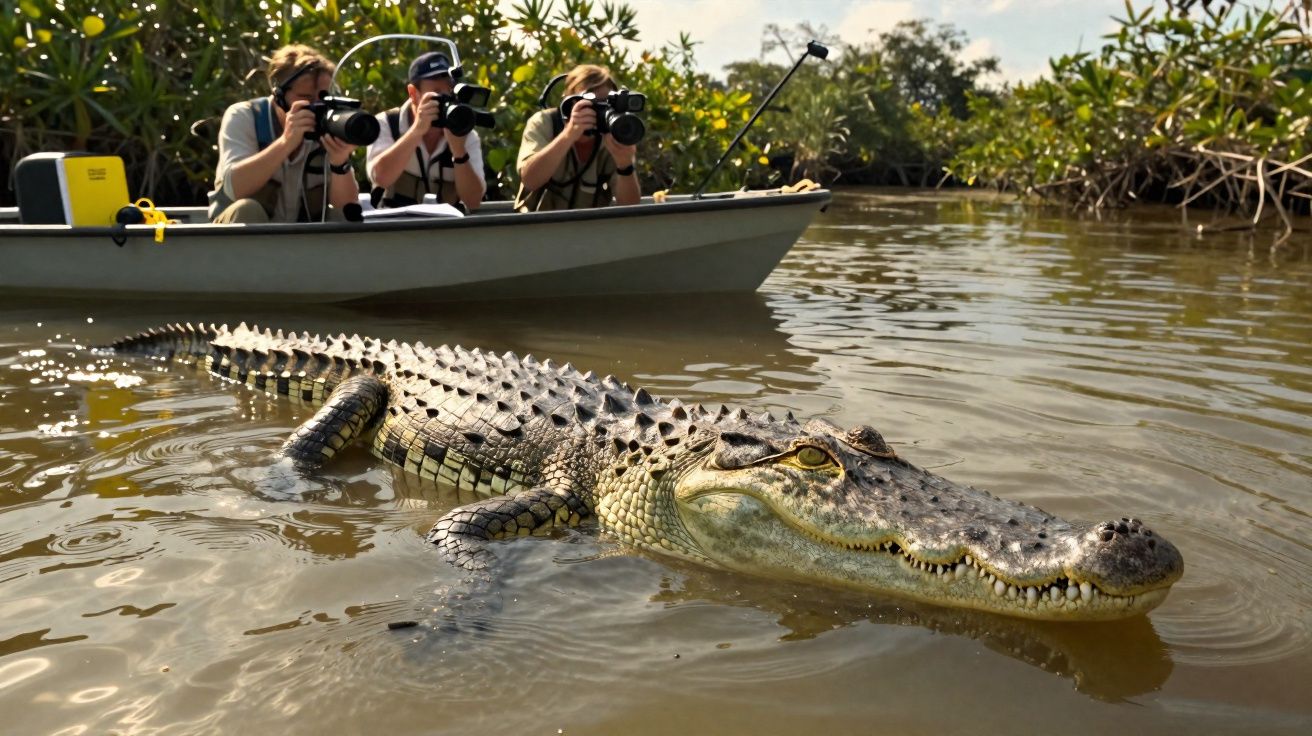 Drei Fotografen in einem Boot machen Nahaufnahmen von einem großen Alligator im Wasser.
