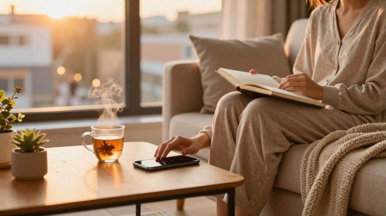 Frau sitzt auf Sofa, liest Buch und greift nach Handy, Dampftasse Tee auf dem Tisch im warmen Tageslicht.