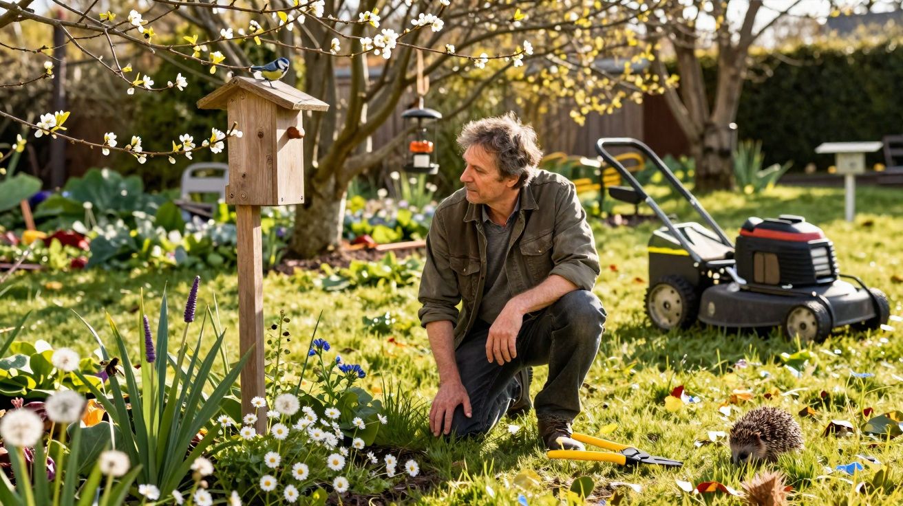 Mann kniet im Garten vor Vogelhaus, blickt auf Meise, Rasenmäher und Igel im Hintergrund bei sonnigem Wetter.