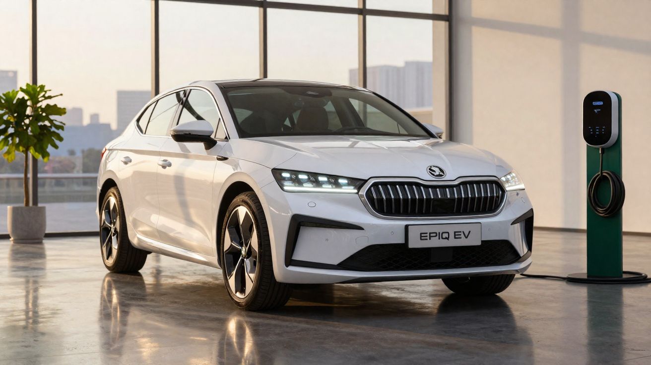 Weißer Škoda EPIQ EV neben Ladestation in modernem, hellem Raum mit großen Fenstern.