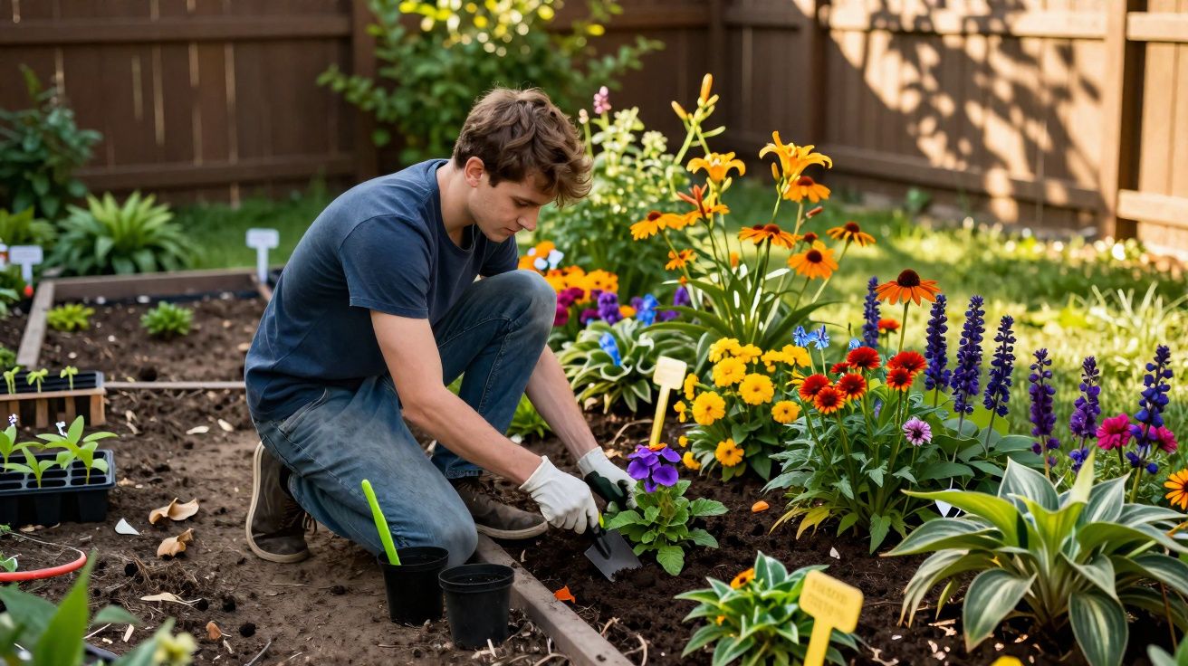 Junger Mann pflanzt Blumen in einem sonnigen Garten mit bunten Blüten und Holzzaun im Hintergrund.