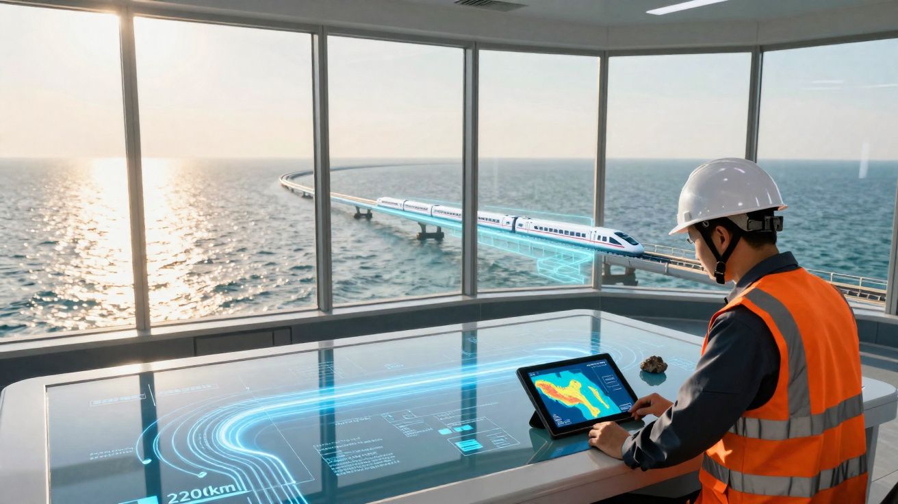 Ingenieur mit Helm und Warnweste arbeitet an digitalem Tisch mit Hochgeschwindigkeitszug und Brücke über Meer im Hintergrund.
