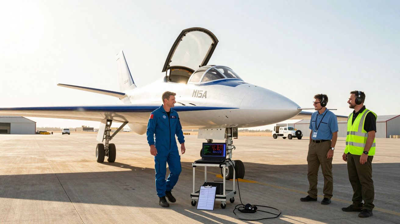Drei Männer neben weißem Forschungsflugzeug auf Rollfeld, eines trägt blauen Overall, technisches Equipment sichtbar.