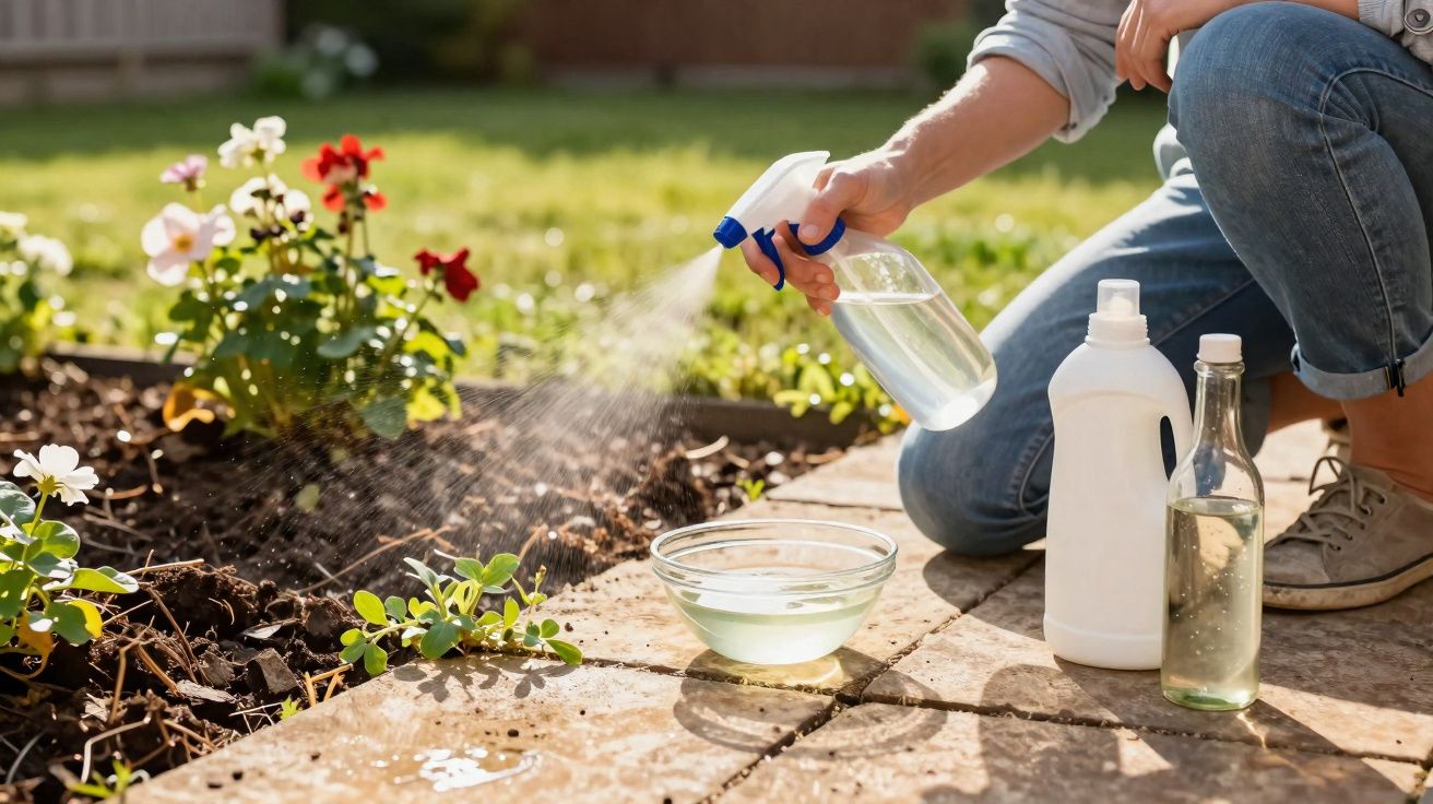 Person besprüht Pflanzen im Garten mit selbstgemachtem Pflanzenschutzmittel aus Sprühflasche.