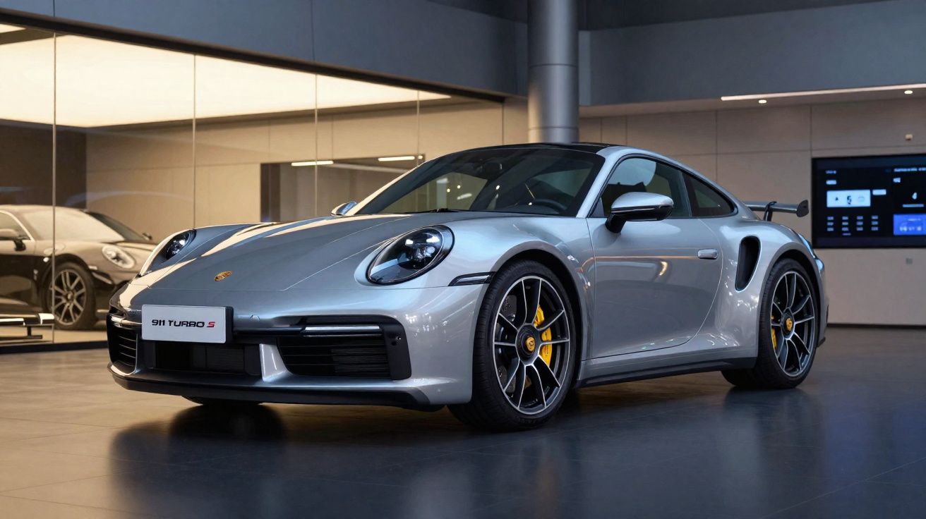 Silberner Porsche 911 Turbo S in einem modernen Ausstellungsraum mit reflektierendem Boden.