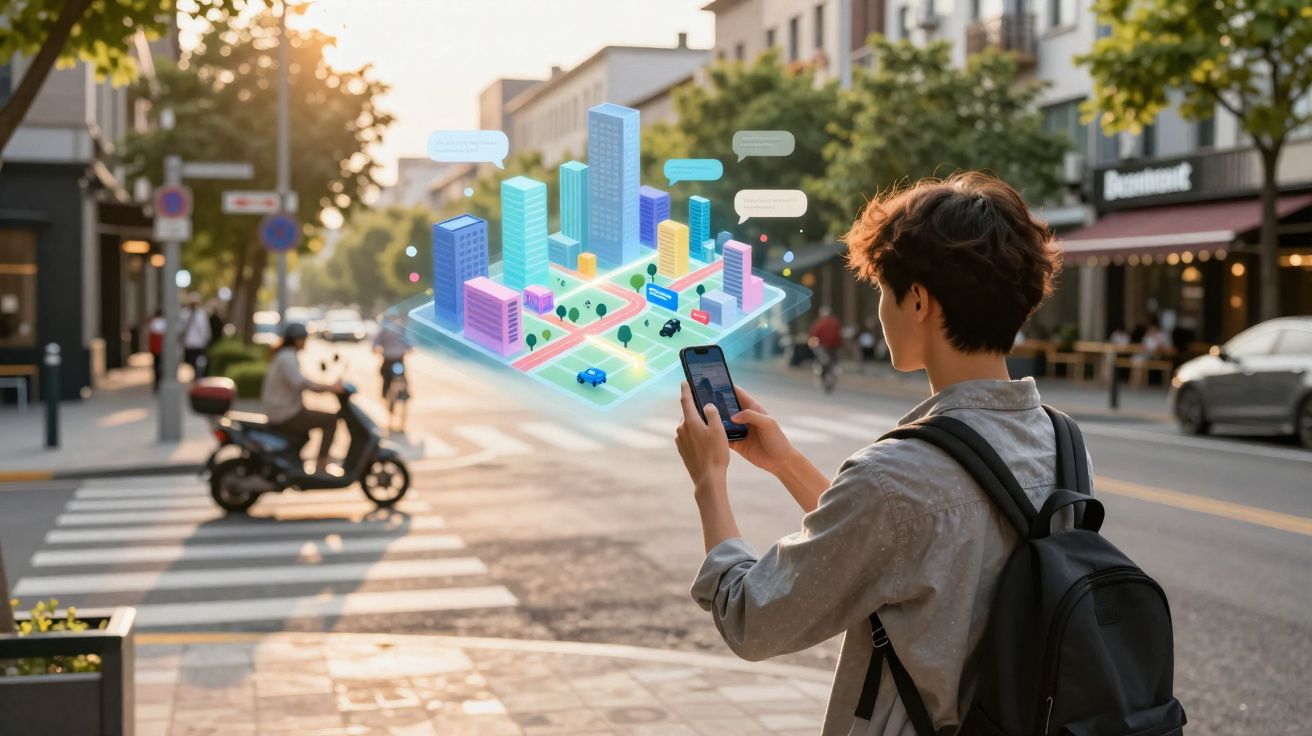 Junge nutzt Smartphone zur Navigation mit digitaler 3D-Stadtkarte auf belebter Straße im Sonnenlicht.