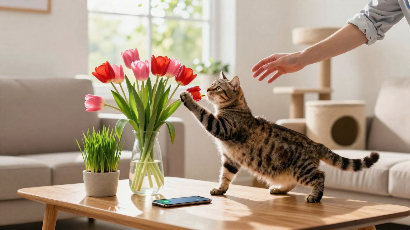 Katze streckt Pfote nach Tulpenstrauß auf Holztisch, Hand greift vorsichtig zu, helle Wohnung im Hintergrund.