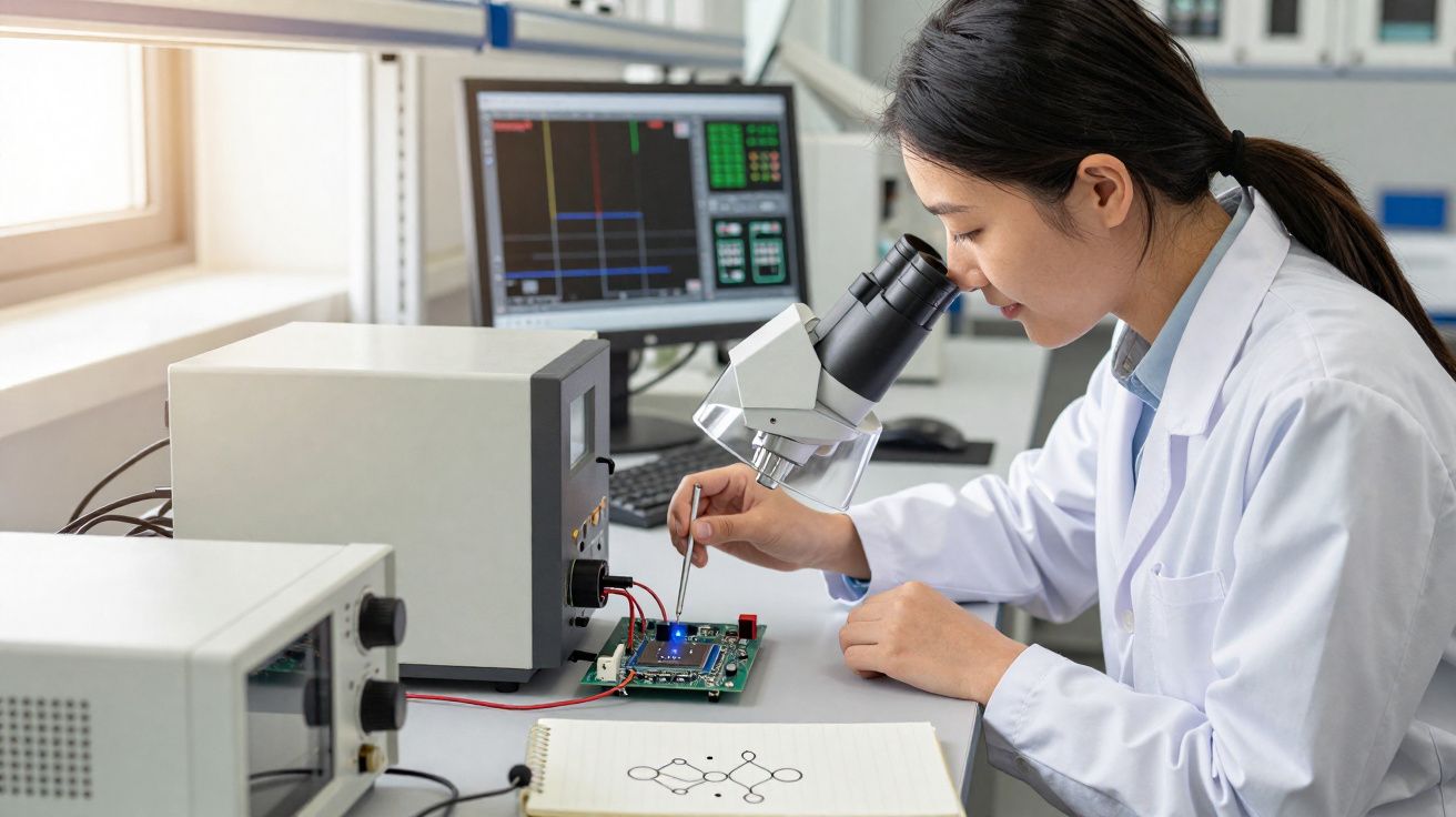 Wissenschaftlerin mit Laborkittel untersucht elektronische Schaltung unter Mikroskop im Labor.