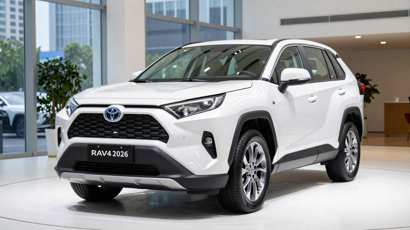 Weißer Toyota RAV4 2026 SUV vor großem Fenster in moderner Ausstellungshalle