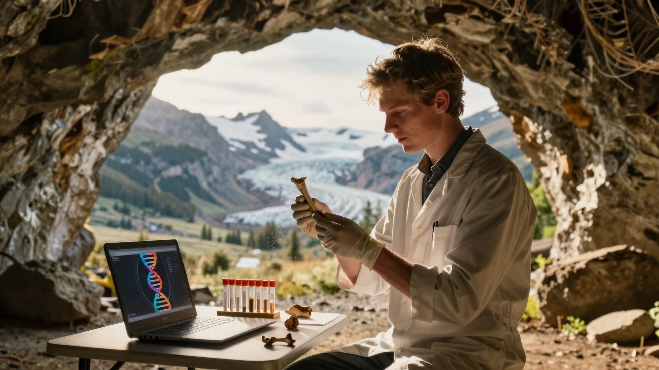 Wissenschaftler im weißen Kittel untersucht Knochen in einer natürlichen Höhle mit Laptop und DNA-Grafik.