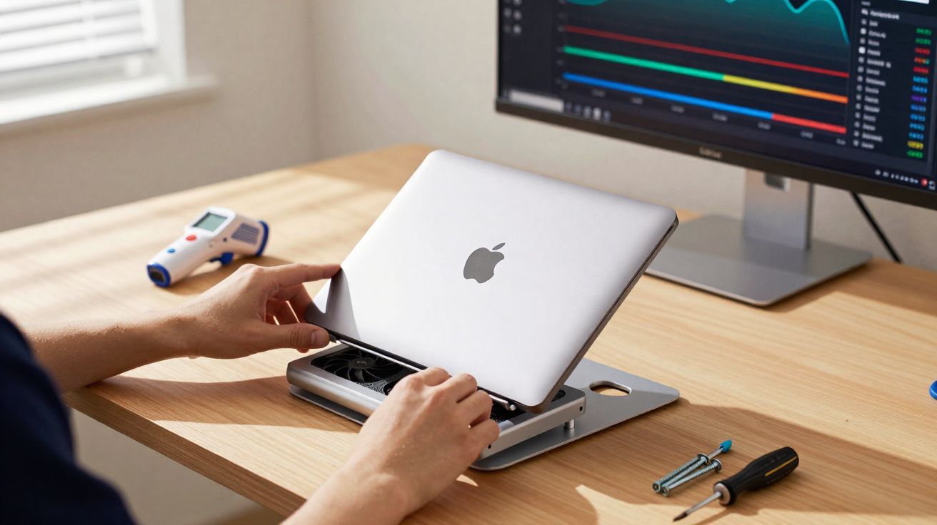 Person stellt einen gekippten MacBook auf einen Laptop-Kühler auf einem Schreibtisch mit Monitor und Werkzeug.