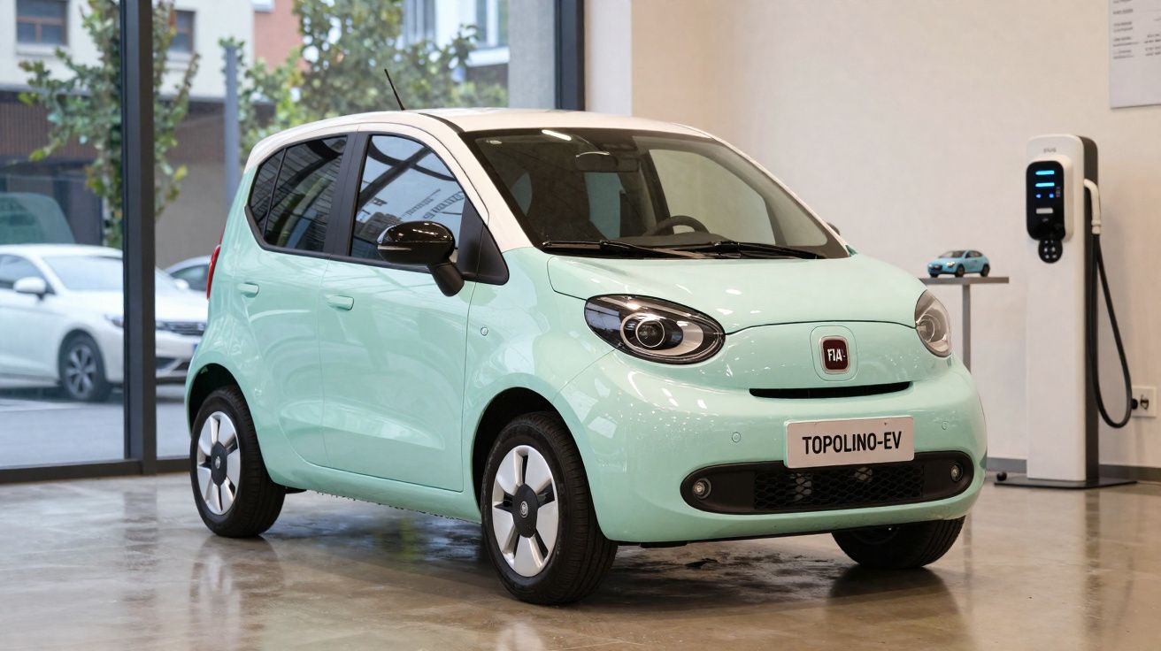 Mintgrüner Fiat Topolino-EV Elektro-Kleinwagen in Ausstellung mit Ladestation im Hintergrund.