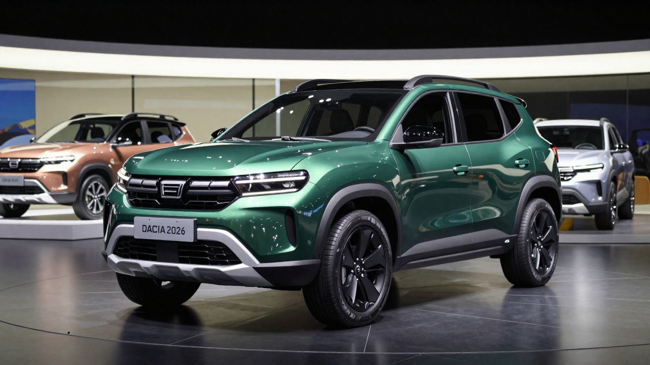 Grüner Dacia 2026 SUV auf Autoausstellung mit weiteren Fahrzeugen im Hintergrund in moderner Halle.