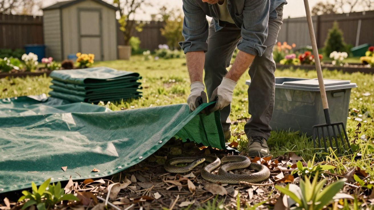 Person hebt eine Plane an, unter der sich eine Schlange im Garten versteckt, neben Hackscheibe und Kiste.