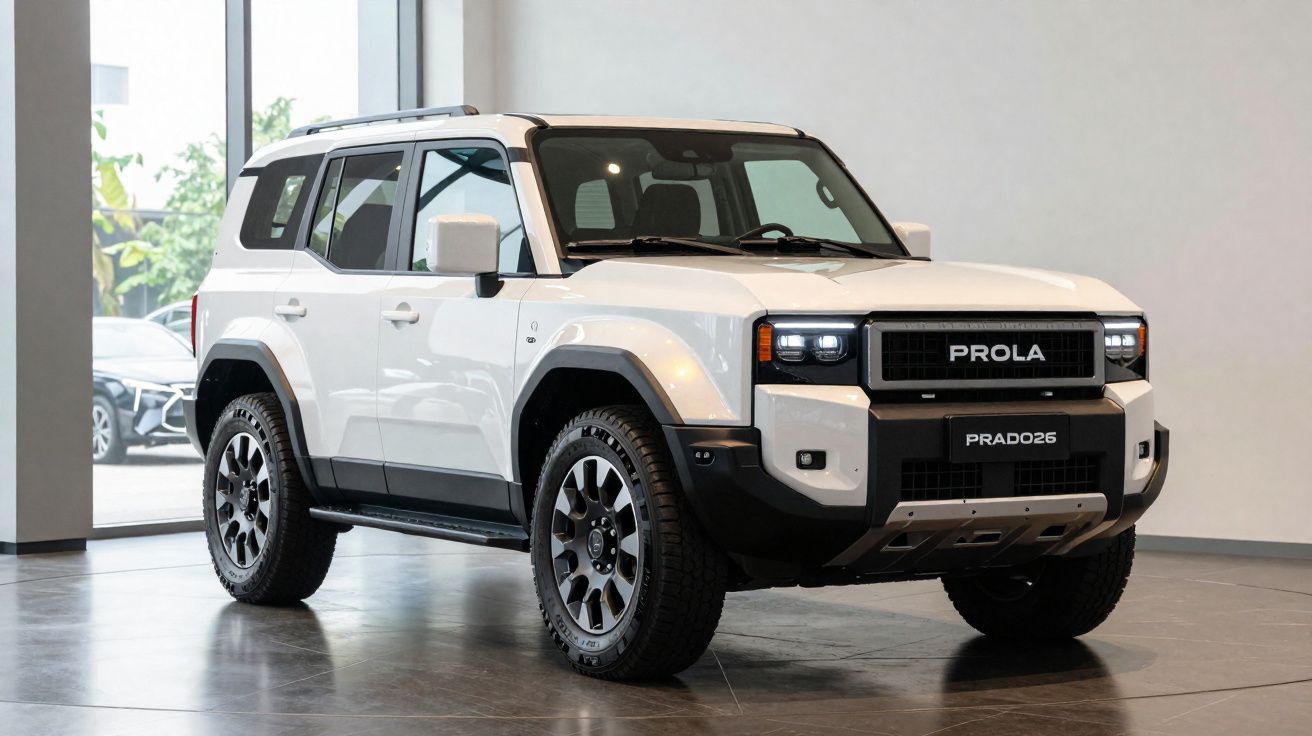 Weißer robuster SUV mit markantem Design und großen Offroad-Reifen in einem hellen Ausstellungsraum.