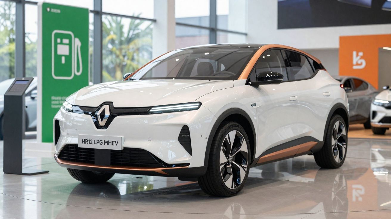 Weißer Renault SUV mit orange Akzenten steht in einem hellen Autohaus neben einer grünen Ladestation.