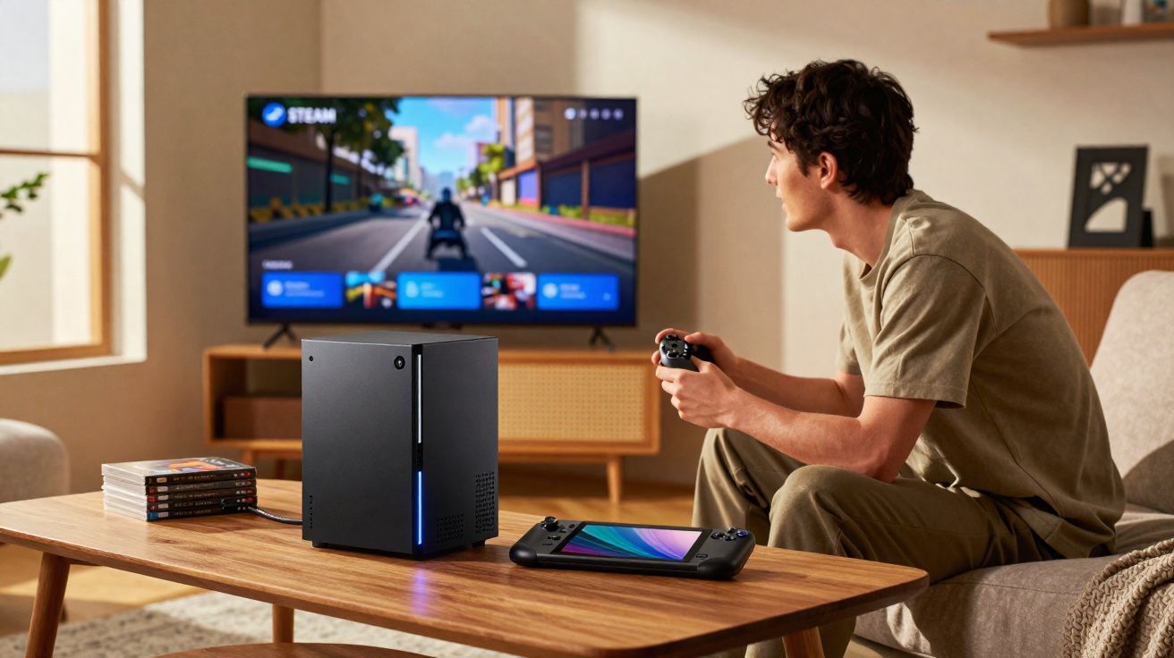 Junger Mann spielt Videospiel mit Controller vor TV, daneben Konsole und tragbares Gaming-Gerät auf Holztisch.