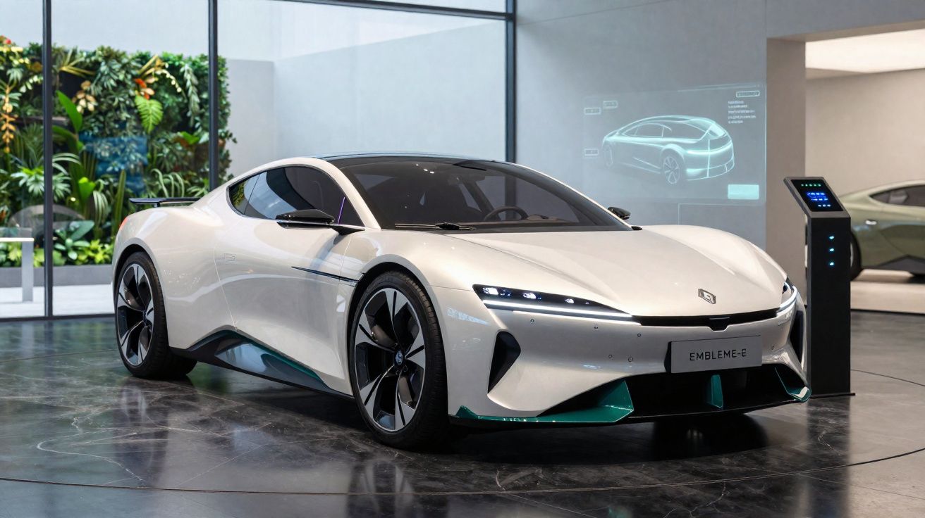 Weißes Elektro-Sportauto mit schlankem Design und großen Felgen in modernem Showroom.